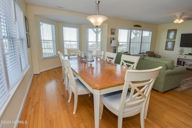 dining room with light wood-type flooring and ceiling fan