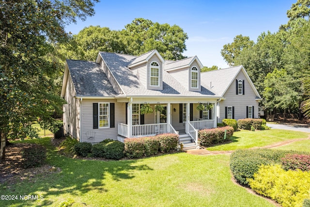 new england style home with roof with shingles, a porch, and a front yard