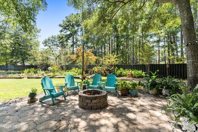 view of patio / terrace featuring a fenced backyard and an outdoor fire pit