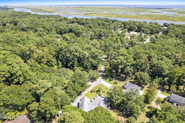 drone / aerial view featuring a view of trees and a water view