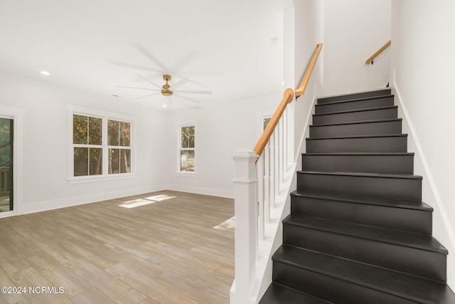 staircase featuring hardwood / wood-style flooring and ceiling fan