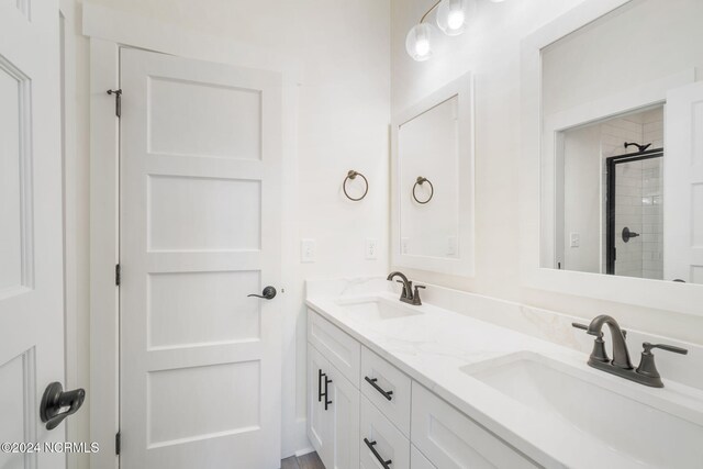 bathroom featuring vanity and a shower with shower door