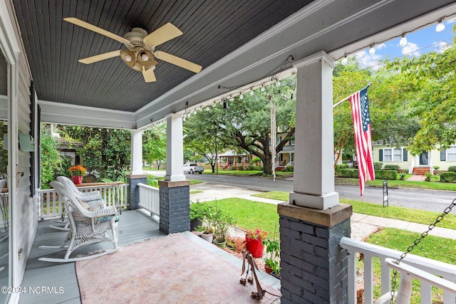 view of patio featuring a porch and ceiling fan