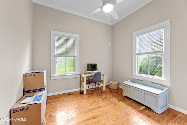 misc room featuring light hardwood / wood-style flooring and ceiling fan