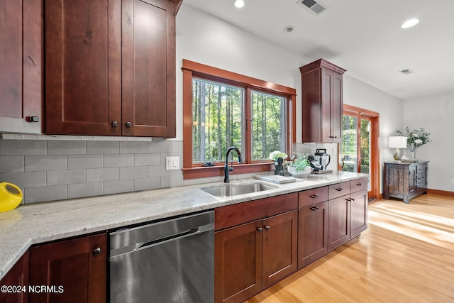 kitchen featuring light wood-type flooring, decorative backsplash, sink, and stainless steel dishwasher