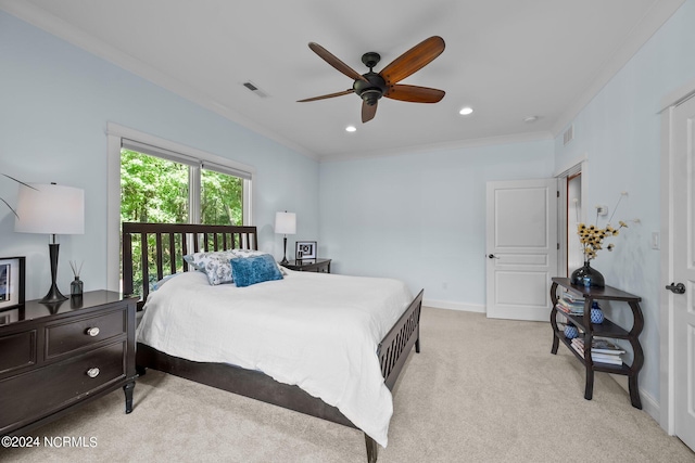 bedroom featuring recessed lighting, light colored carpet, visible vents, baseboards, and crown molding