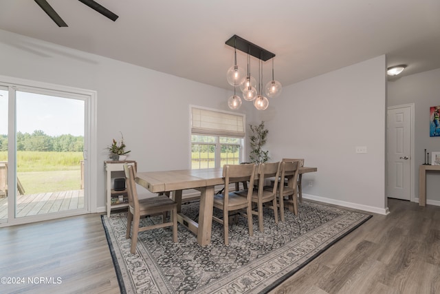 dining area featuring ceiling fan with notable chandelier and hardwood / wood-style floors