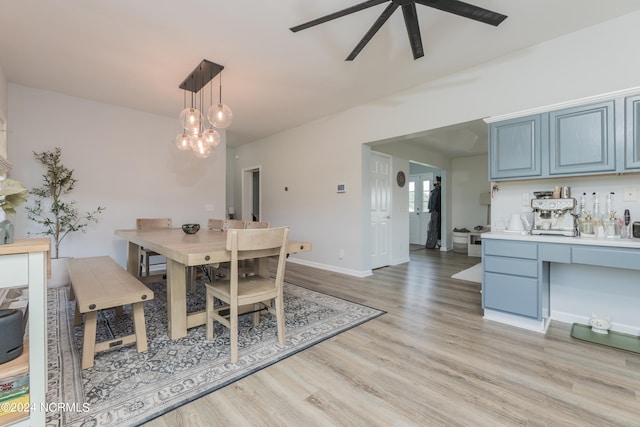 dining room with ceiling fan and light hardwood / wood-style flooring