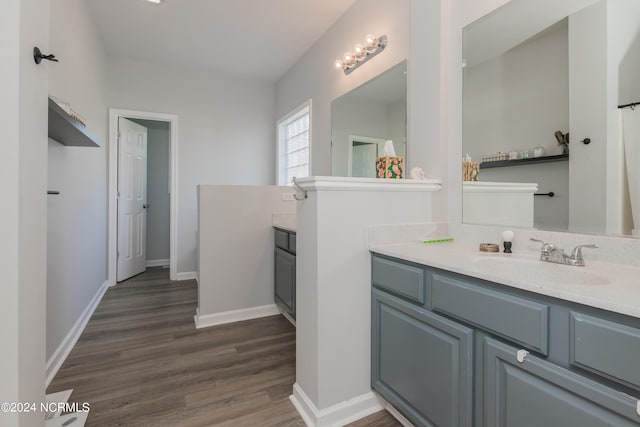 full bathroom featuring wood finished floors, vanity, and baseboards