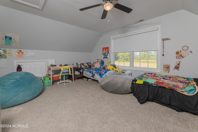 bedroom featuring lofted ceiling, carpet floors, ceiling fan, and visible vents