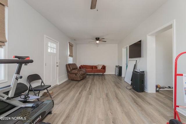 exercise area with ceiling fan and light hardwood / wood-style flooring