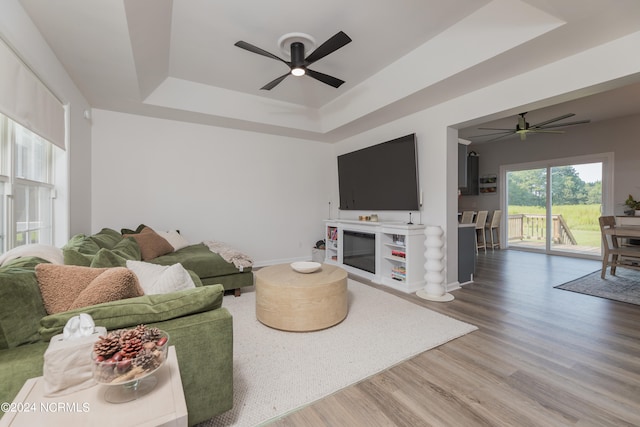 living room with ceiling fan, hardwood / wood-style flooring, and a tray ceiling