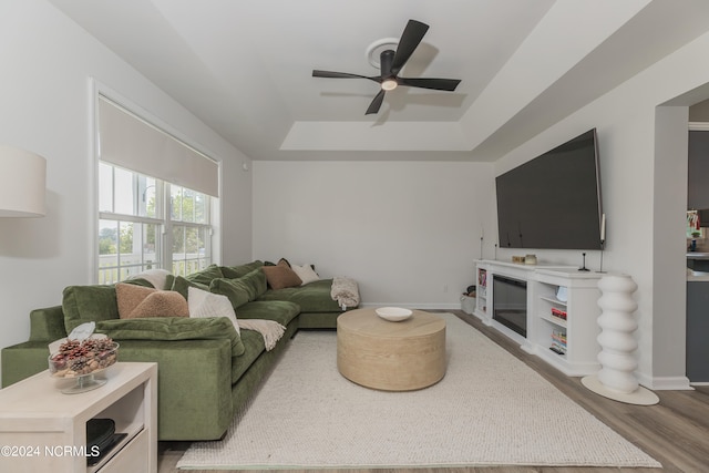 living room with wood-type flooring, ceiling fan, and a raised ceiling