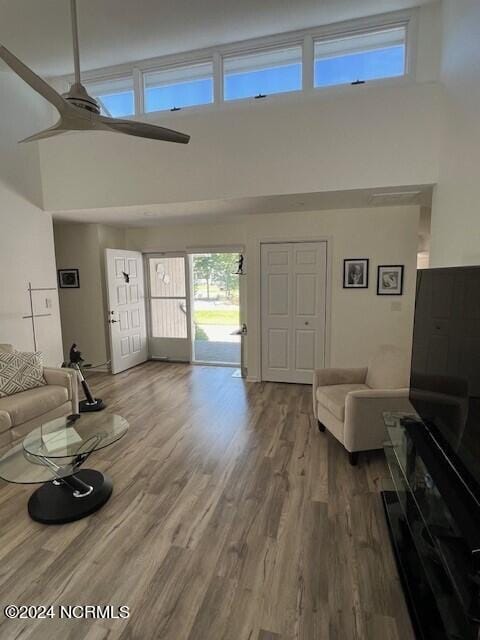 living room with a high ceiling, hardwood / wood-style floors, and ceiling fan