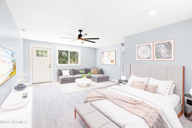 31 Augusta Dr, Oak Island, NC 28465 - bedroom featuring wood finished floors, visible vents, baseboards, ceiling fan, and recessed lighting
