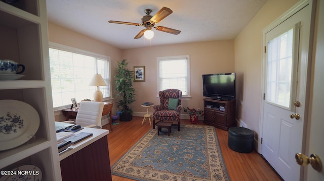 office area featuring light wood-type flooring, ceiling fan, and a wealth of natural light