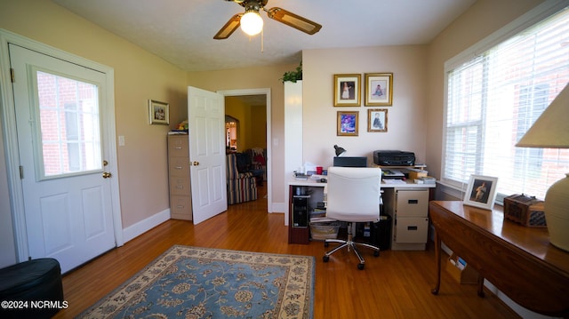 office featuring wood finished floors, a ceiling fan, and baseboards