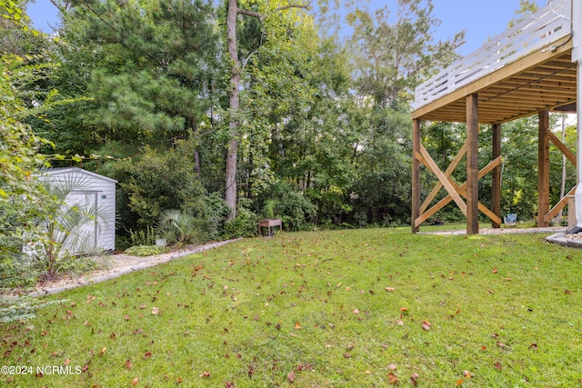 view of yard featuring a storage unit