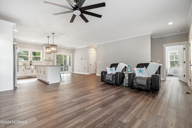 living room featuring ceiling fan with notable chandelier, wood-type flooring, ornamental molding, and sink