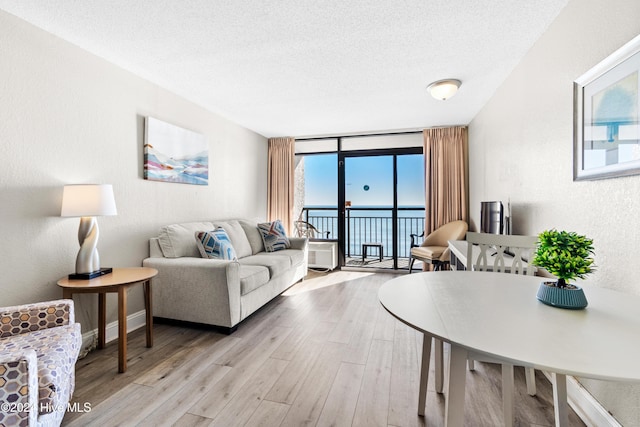 1501 S Ocean Blvd Unit 1235, Myrtle Beach, SC 29577 - living area featuring light wood finished floors, baseboards, a textured wall, a wall of windows, and a textured ceiling