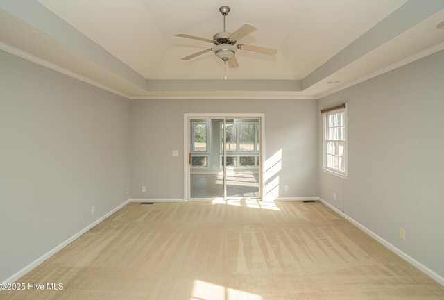 carpeted empty room featuring ceiling fan, a raised ceiling, and ornamental molding