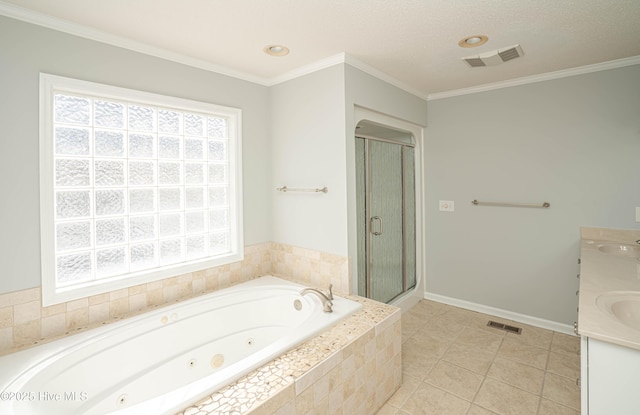 bathroom featuring ornamental molding, vanity, and independent shower and bath