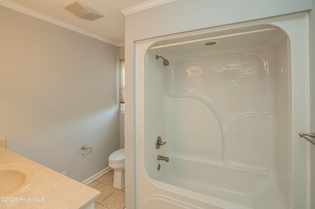 full bathroom with vanity, shower / bath combination, tile patterned flooring, toilet, and ornamental molding