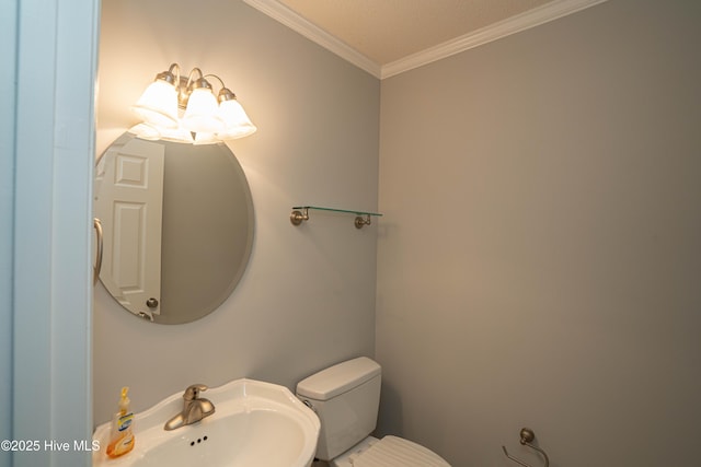 bathroom with ornamental molding, sink, and toilet