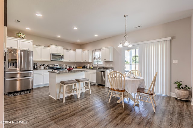 kitchen featuring white cabinetry, a center island, dark hardwood / wood-style floors, and appliances with stainless steel finishes