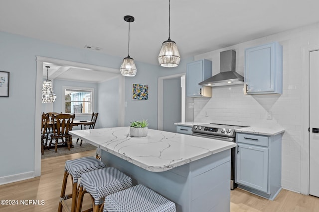 kitchen featuring decorative backsplash, electric stove, light wood-type flooring, a center island, and wall chimney range hood