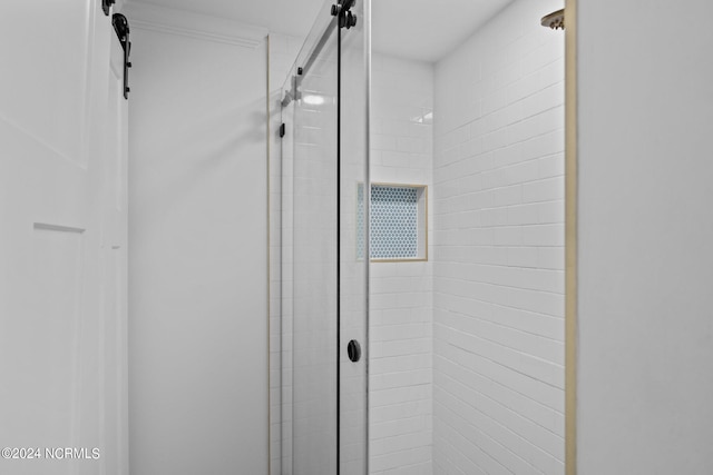 room details with a barn door and a shower with door