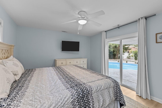 bedroom with ceiling fan, light hardwood / wood-style flooring, and access to exterior