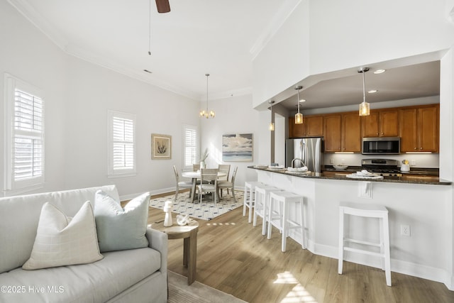 kitchen with crown molding, light hardwood / wood-style flooring, a breakfast bar, appliances with stainless steel finishes, and decorative light fixtures