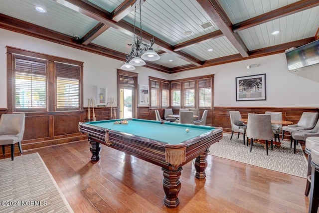 recreation room with billiards, coffered ceiling, wood walls, beam ceiling, and hardwood / wood-style floors