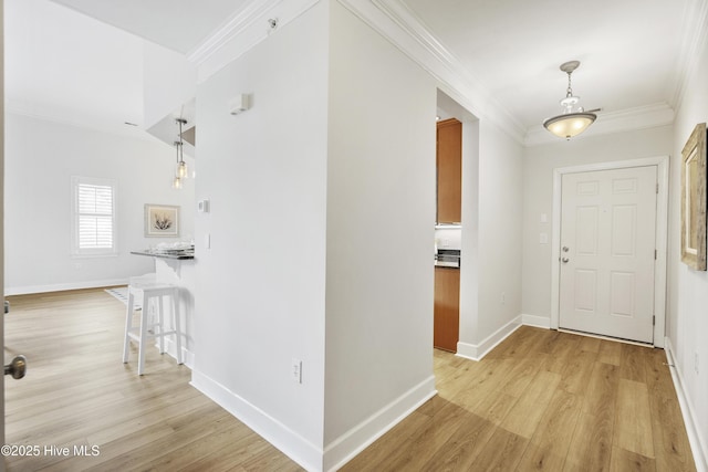 hall with crown molding and light hardwood / wood-style floors