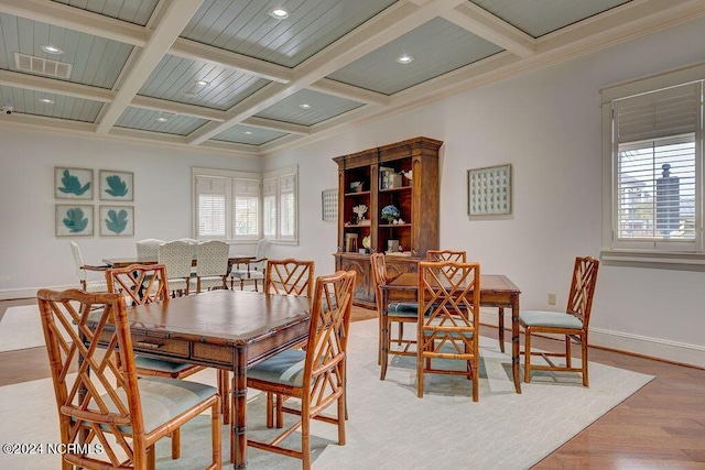 dining space featuring coffered ceiling, light hardwood / wood-style floors, and beamed ceiling