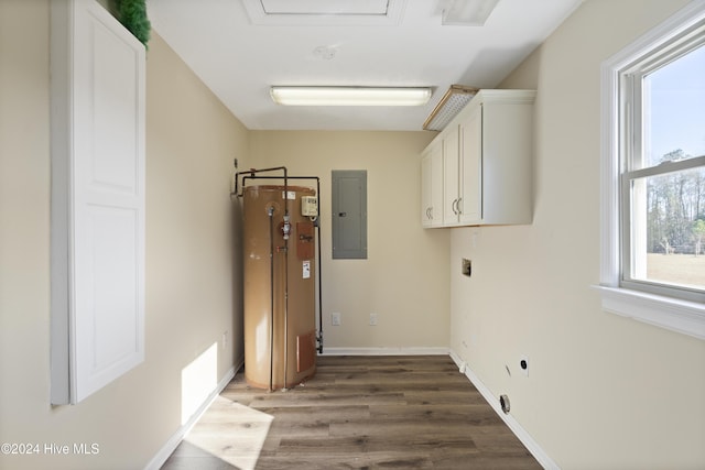 laundry area with hookup for an electric dryer, cabinets, gas water heater, electric panel, and dark hardwood / wood-style floors