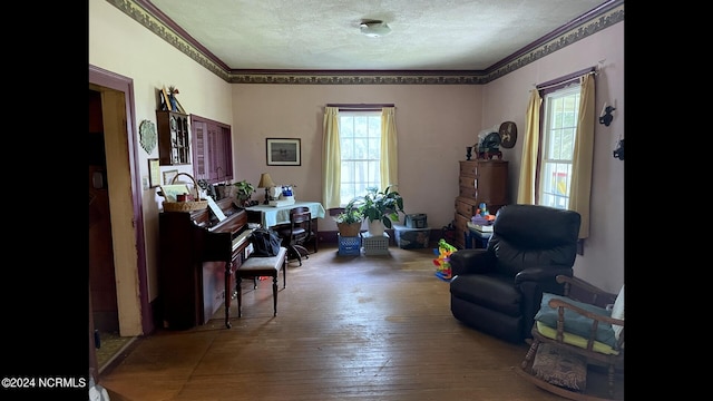 sitting room with a textured ceiling and wood finished floors