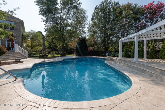 view of swimming pool featuring a pergola and a patio