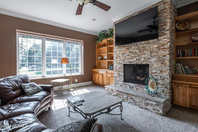 living room featuring a fireplace, light carpet, crown molding, and ceiling fan