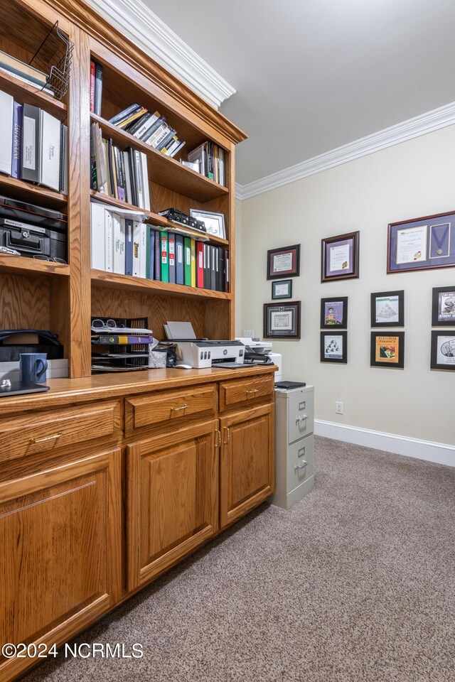 office area with crown molding and light carpet