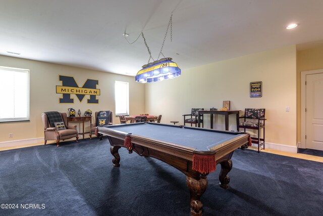 game room featuring carpet flooring and pool table