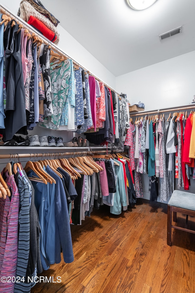 walk in closet with wood-type flooring