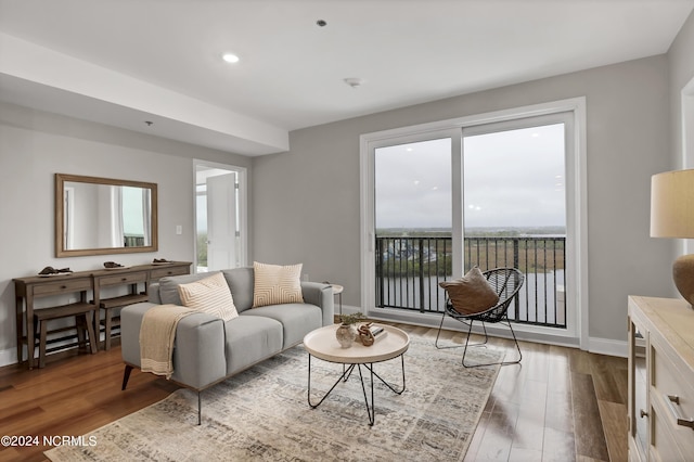 living room with baseboards, wood finished floors, and recessed lighting