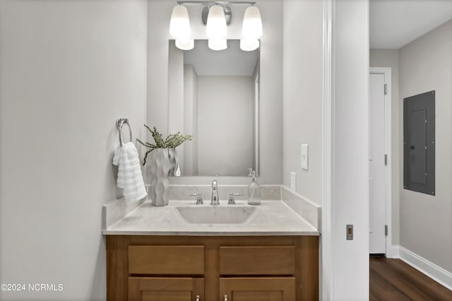 bathroom with electric panel, vanity, baseboards, and wood finished floors