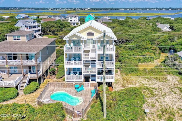 aerial view featuring a water view