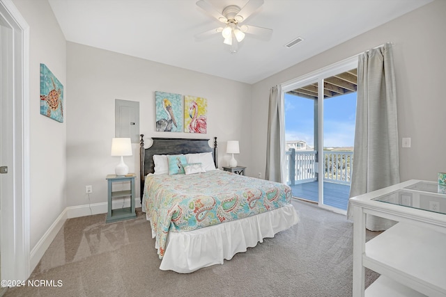 bedroom with access to exterior, carpet, visible vents, a ceiling fan, and baseboards