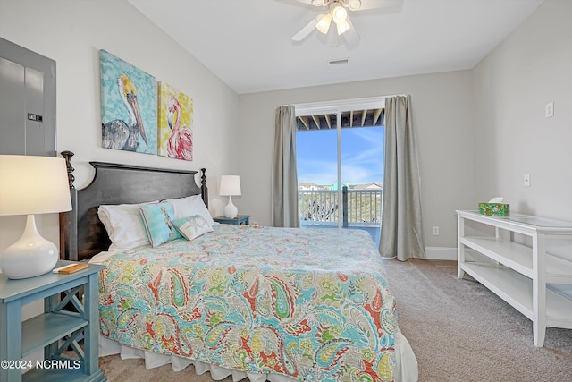 carpeted bedroom featuring access to outside, a ceiling fan, visible vents, and baseboards