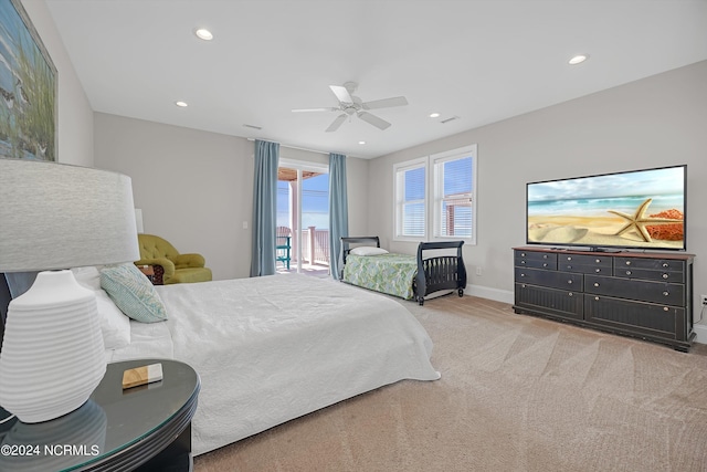 bedroom with baseboards, a ceiling fan, access to exterior, carpet floors, and recessed lighting