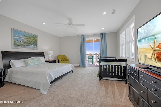 bedroom with access to exterior, recessed lighting, light colored carpet, visible vents, and a ceiling fan